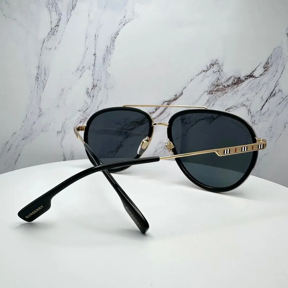 New Burberry Sunglasses Polarized Gold Black Check Arms Aviator Pilot Metal